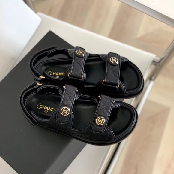 Black Caviar Dad Sandal Gold CC Logo Mule Slide Flat - Picture 2 of 8